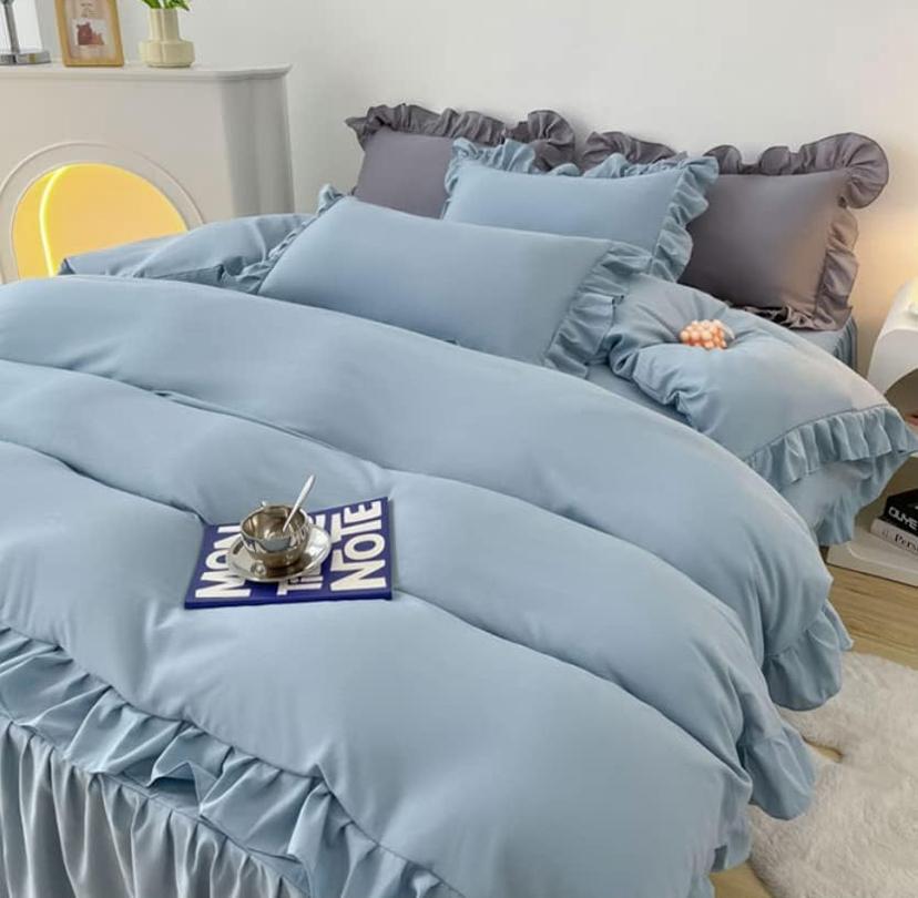 5/7-Piece Blue Ruffle Bedding Set, Soft, High Quality Polish Cotton Double Padded Duvet, Duvet Cover, Bedspread and Pillowcases Set, 4by6/ 6by6/ 6by7/ 7by7 Size, Blue - Image 4