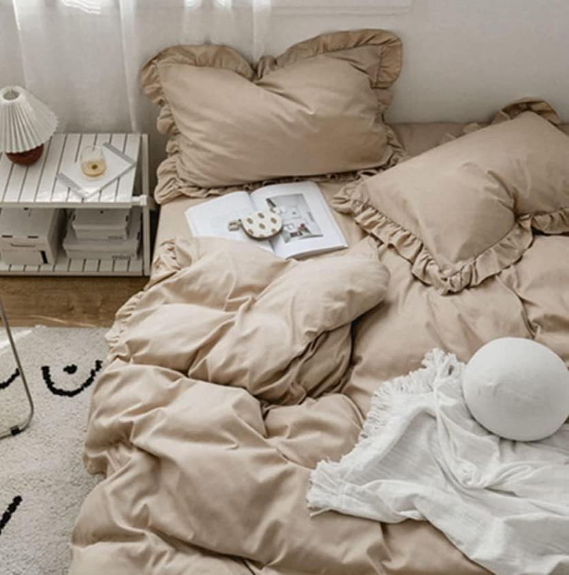 5/7-Piece Ruffle Bedding Set, Soft, High Quality Polish Cotton Double Padded Duvet, Duvet Cover, Bedspread and Pillowcases Set, 4by6/ 6by6/ 6by7/ 7by7 Size, Camel - Image 3