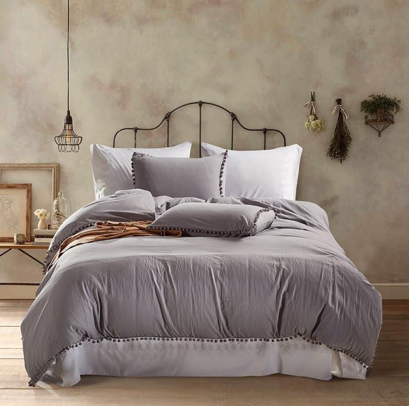 grey pom pom bedding set