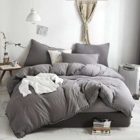 grey pom pom bedding set