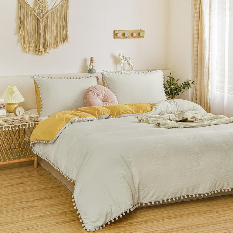 White and Yellow Pom Pom Bedding Set 4by6/ 6by6/ 6by7/ 7by7 Size - 5/7 Pieces Hotel Quality Pure Polish Cotton Pom Pom Fringes Bedding Set, 1 Double Padded Duvet, 1 Duvet Cover, 1 Bedspread and 2/4 Pillowcases Set - Image 3
