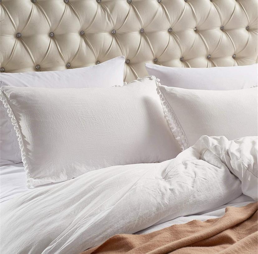 White Pom Pom Bedding Set 4by6/ 6by6/ 6by7/ 7by7 Size - 5/7 Pieces Hotel Quality Pure Polish Cotton Pom Pom Fringes Bedding Set, 1 Double Padded Duvet, 1 Duvet Cover, 1 Bedspread and 2/4 Pillowcases Set - Image 2