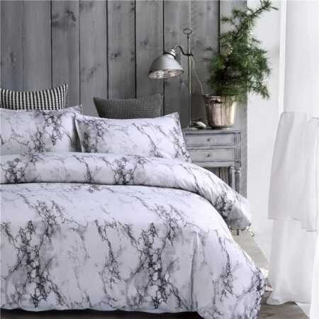 white and grey marble printed duvet set